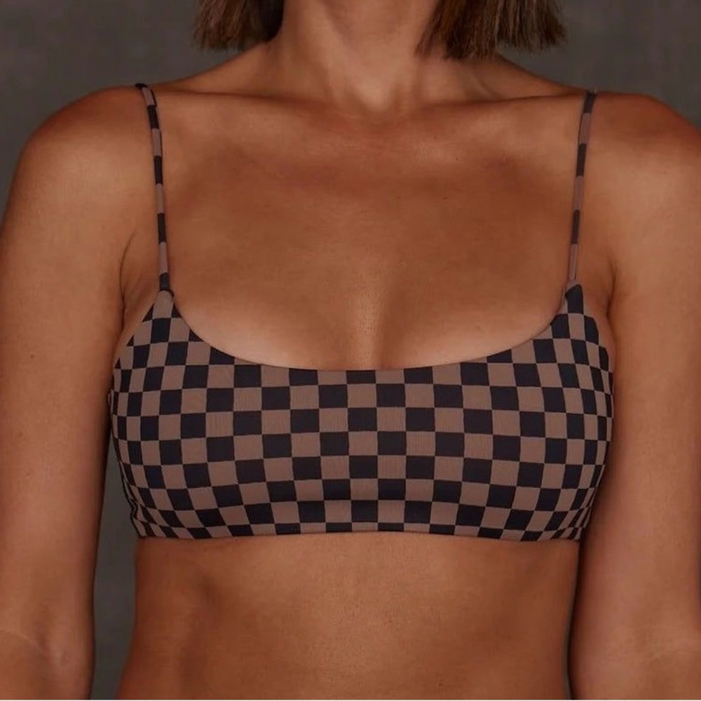 Black and Tan Checkered Bikini Top